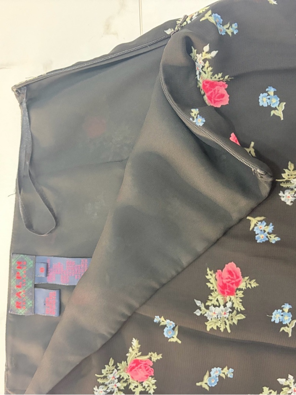 Vintage RALPH LAUREN Black Pink Blue Floral Ruffle Skirt  Size 10 Lined - Picture 8 of 9